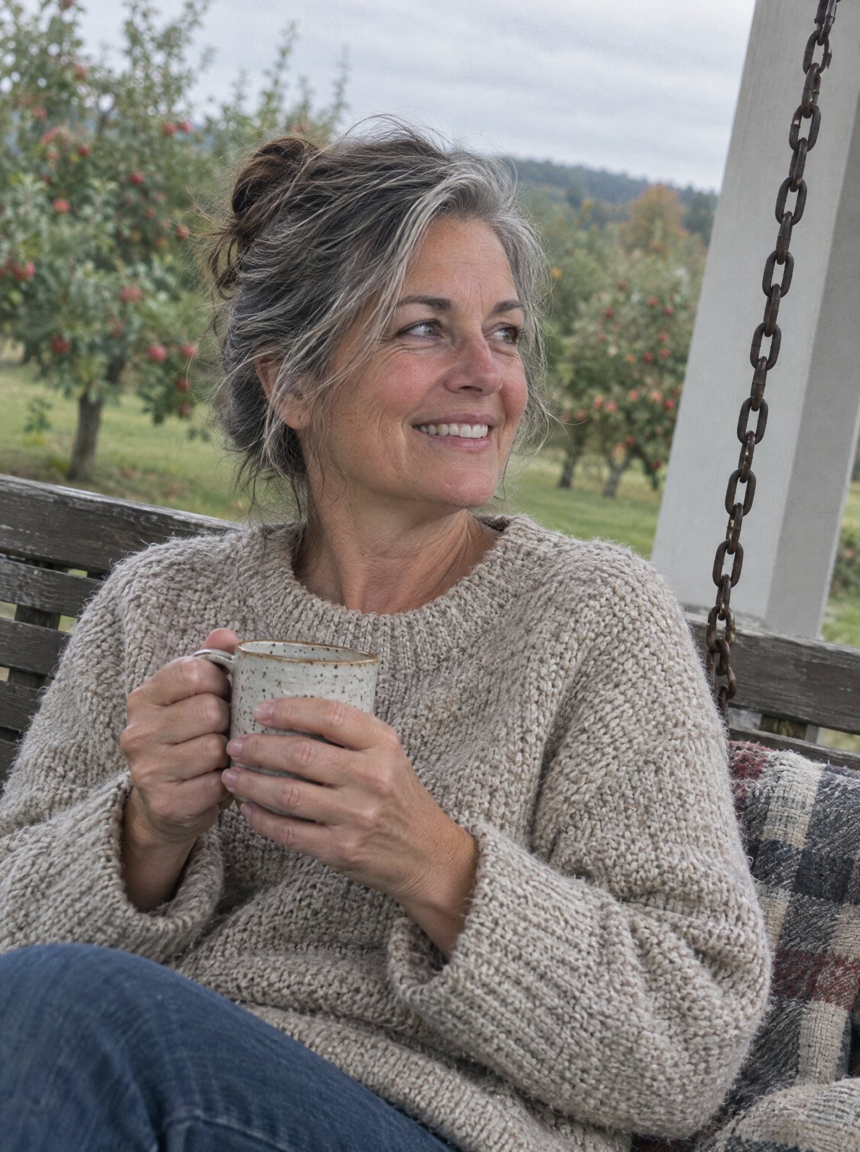 A woman in an oatmeal sweater sitting on a porch swing holding a mug