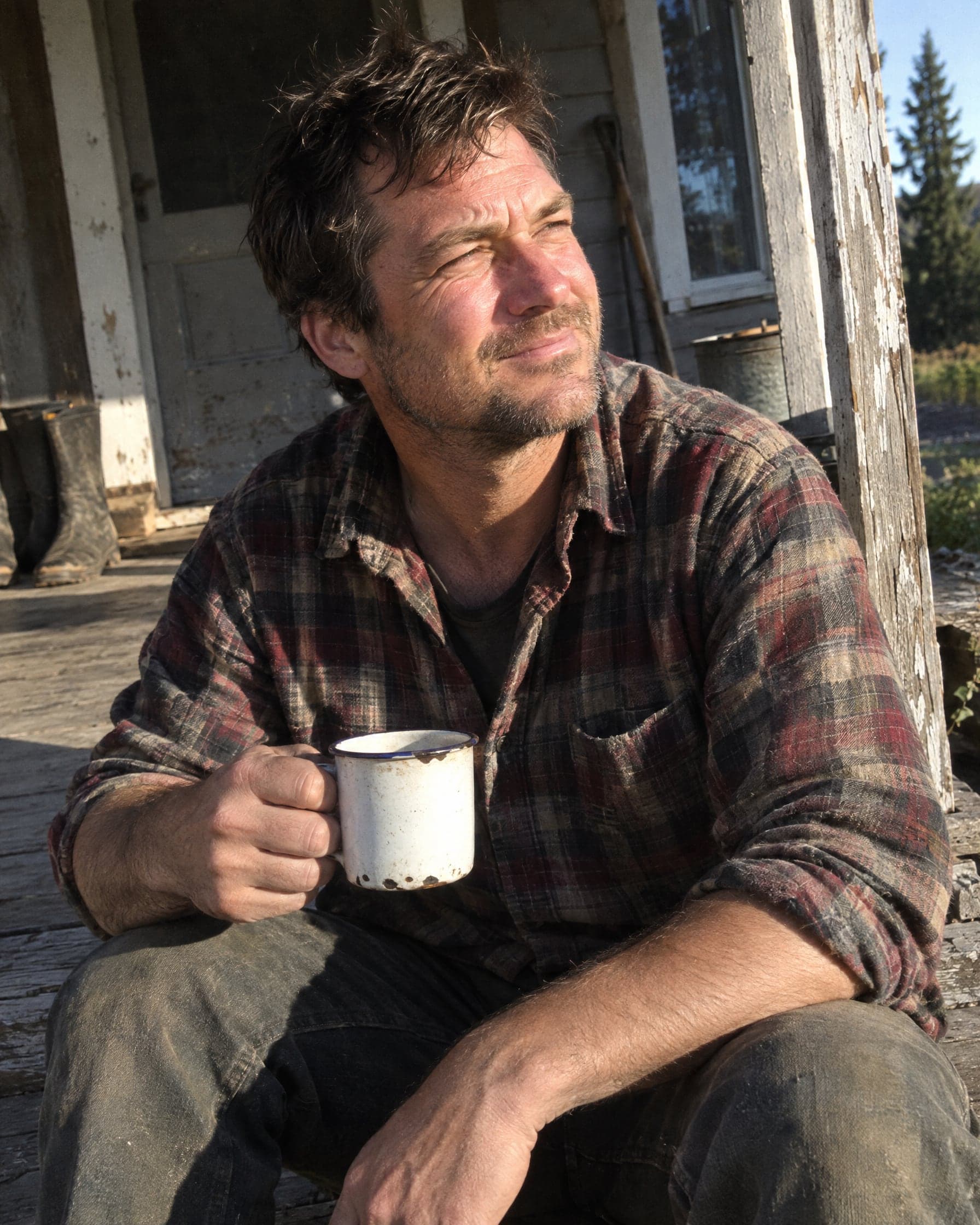 A man in a flannel shirt sitting on a porch step with a mug in the morning sun