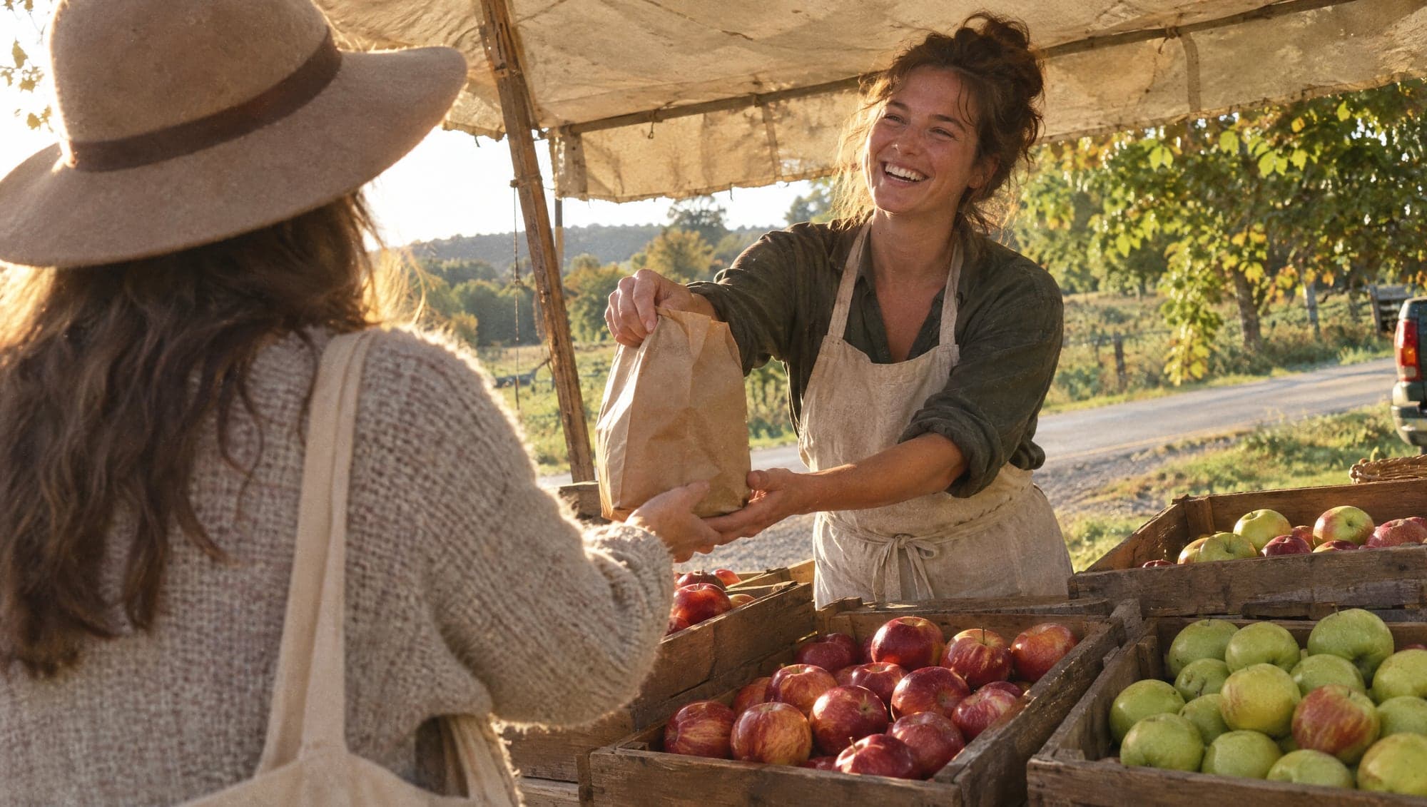 A roadside farm stand with crates of apples under a canvas awning